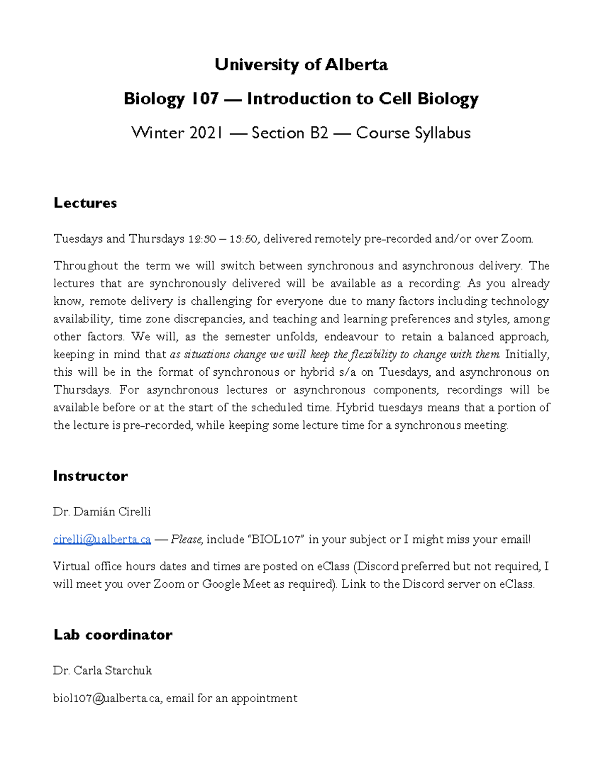 BIOL 107 Syllabus 2021 - University Of Alberta Biology 107 ...