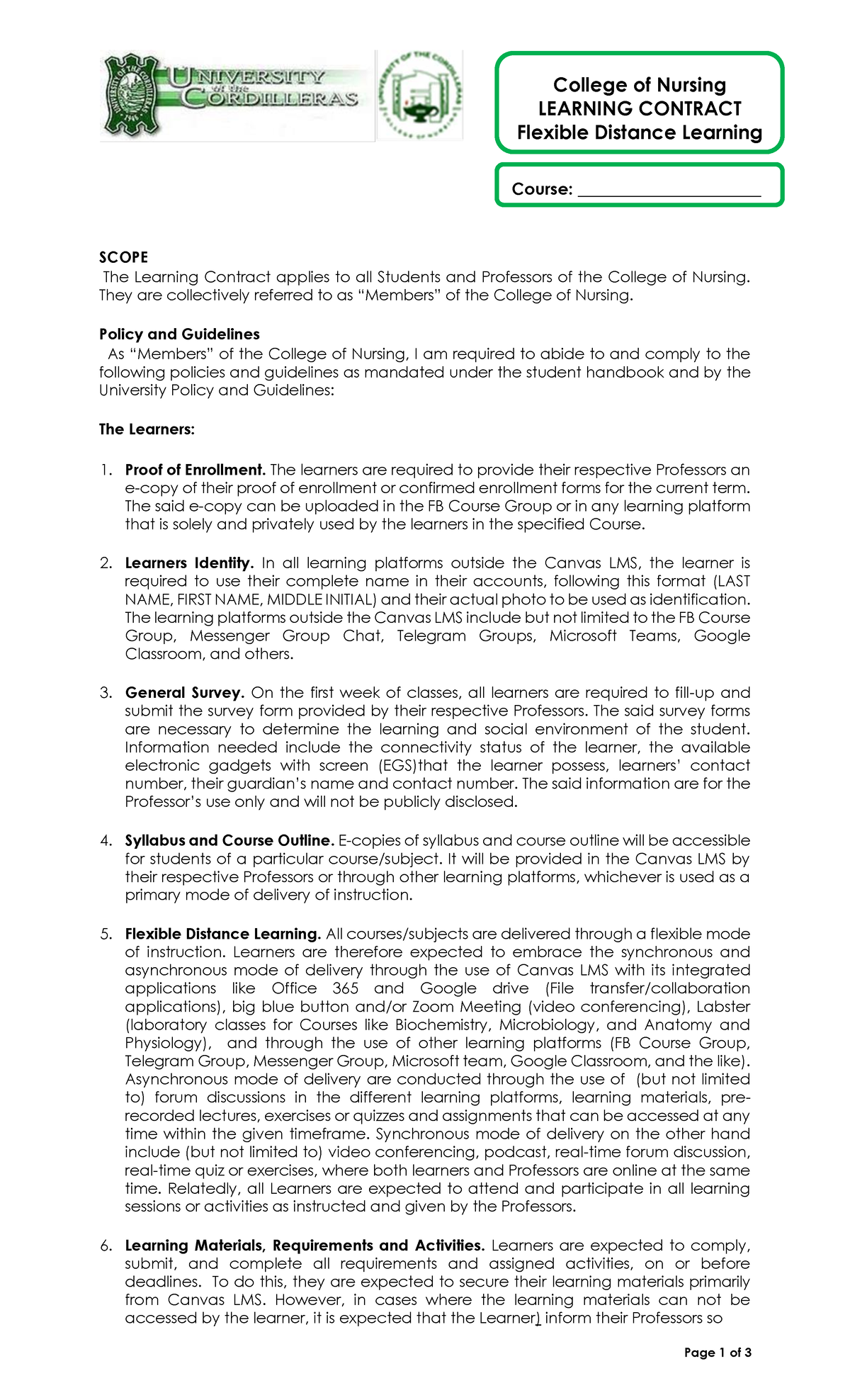 Learning COntract FDLt 2 - SCOPE The Learning Contract applies to all ...