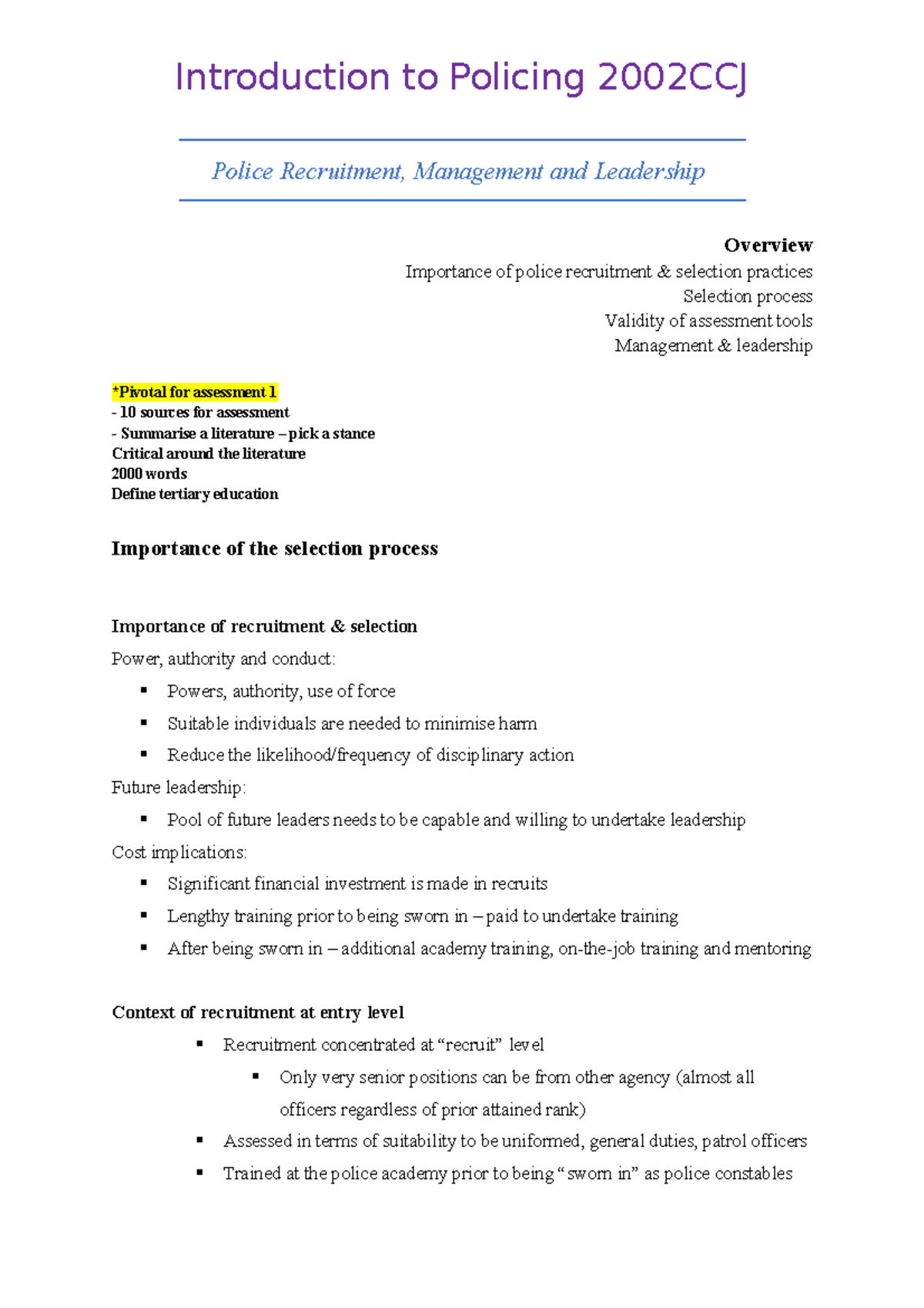 Week 4 - Police Recruitment and Leadership - Police Recruitment ...