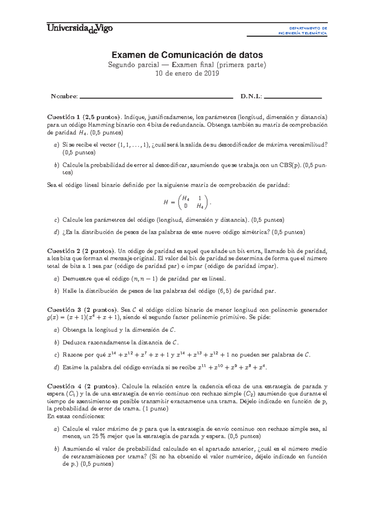 Parcial II 2018 Departamento De Ingenier a Telem atica Examen De 
