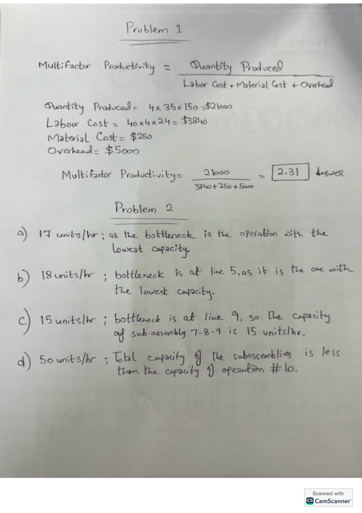 Ahmed Mid Term Practice - Problem 1 Multi factor Productivity Quantity ...