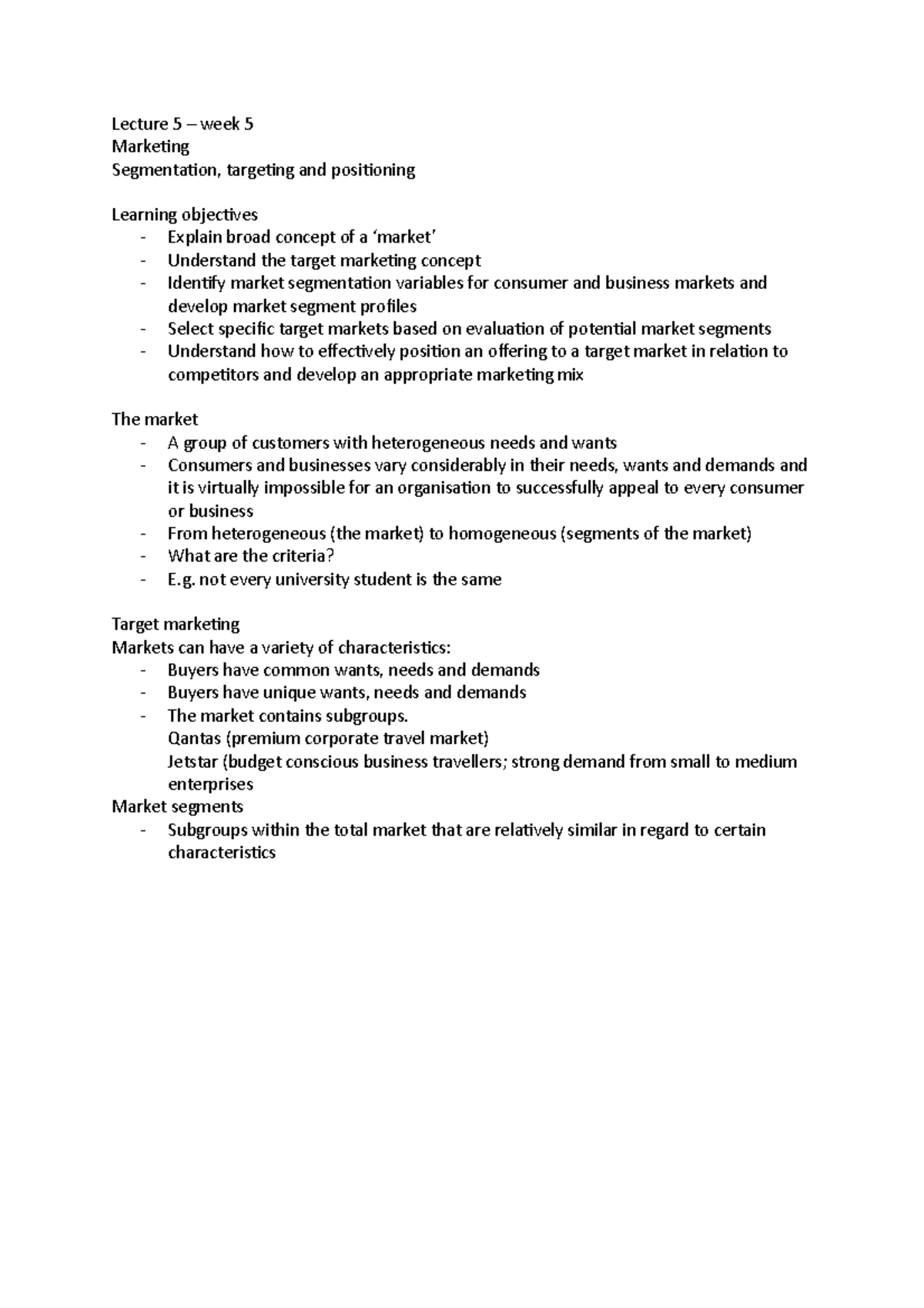 Lecture 5 - Lecture 5 – week 5 Marketing Segmentation, targeting and ...