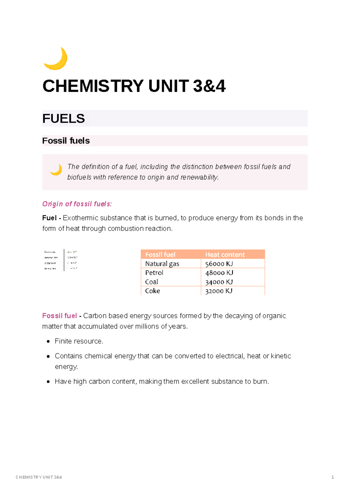 Chemistry unit 3&4 - Chem notes - 🌙 CHEMISTRY UNIT 3& FUELS Fossil ...