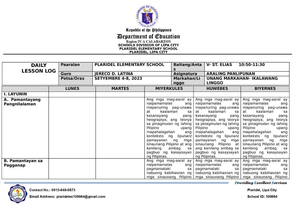 Week 1 Q1 AP - Daily Lesson Log - DAILY LESSON LOG Paaralan PLARIDEL ...