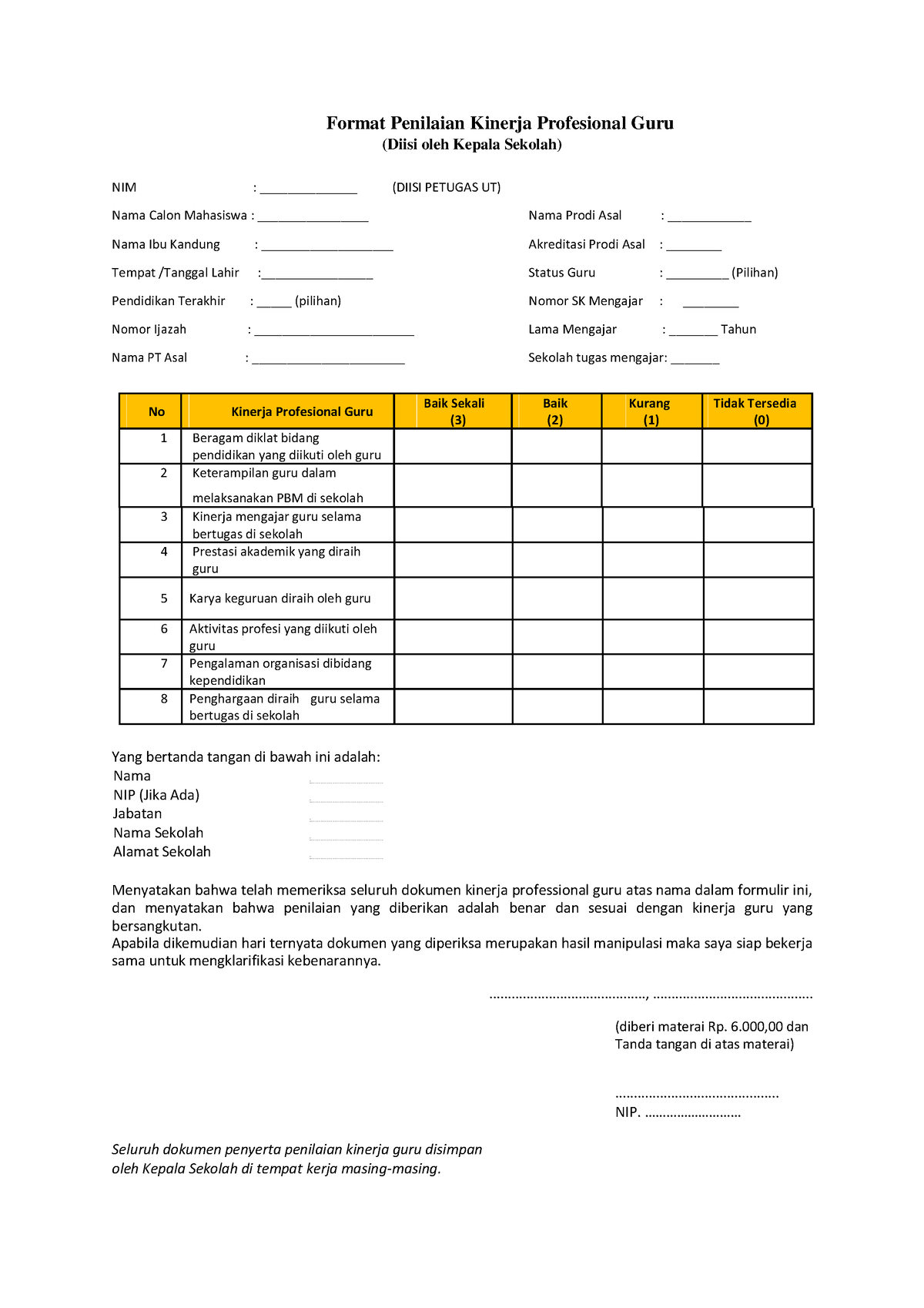 Form Penilaian Kinerja Profesional Guru Dan Penempuhan Matakuliah ...