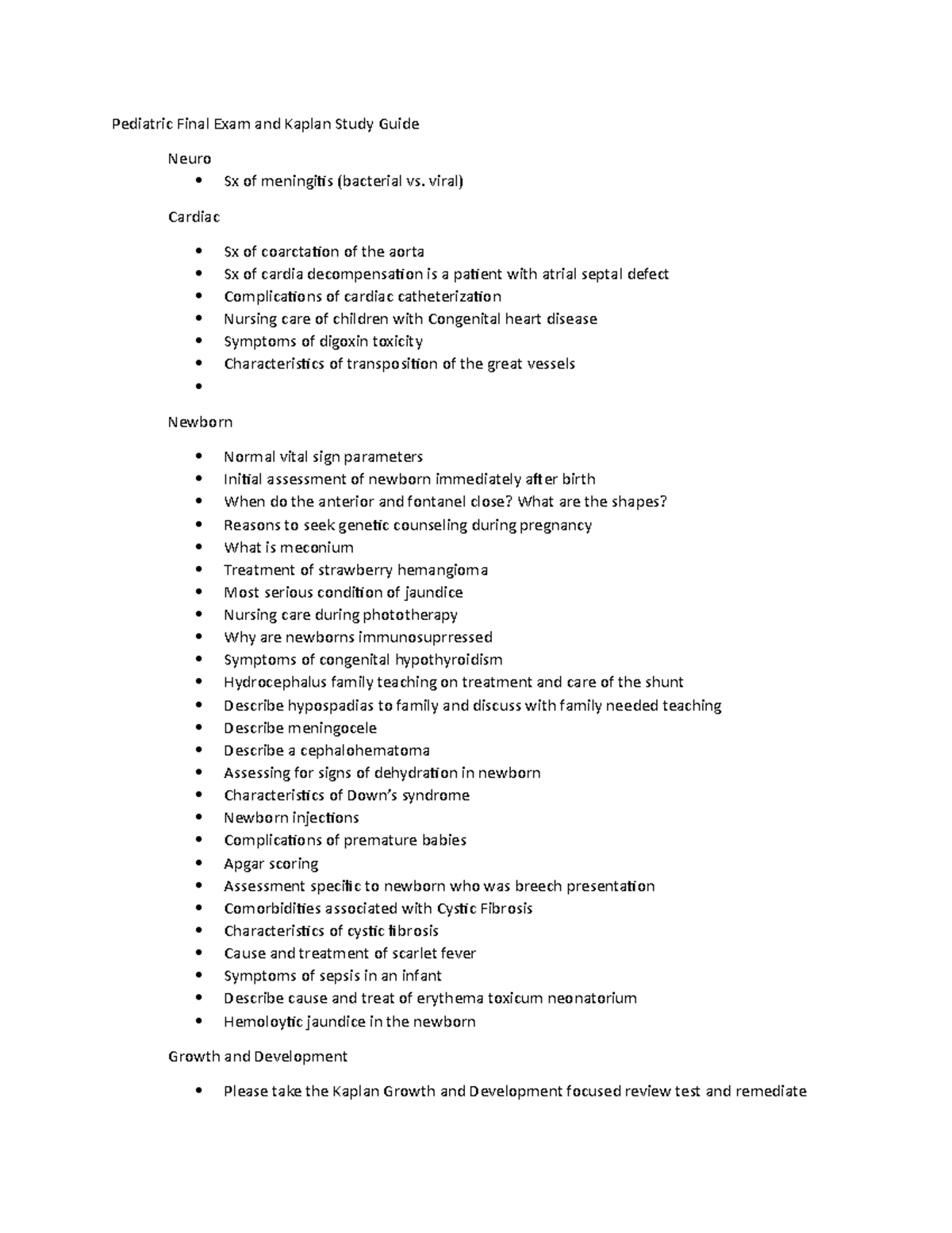 Pediatric final and kaplan study guide - Pediatric Final Exam and