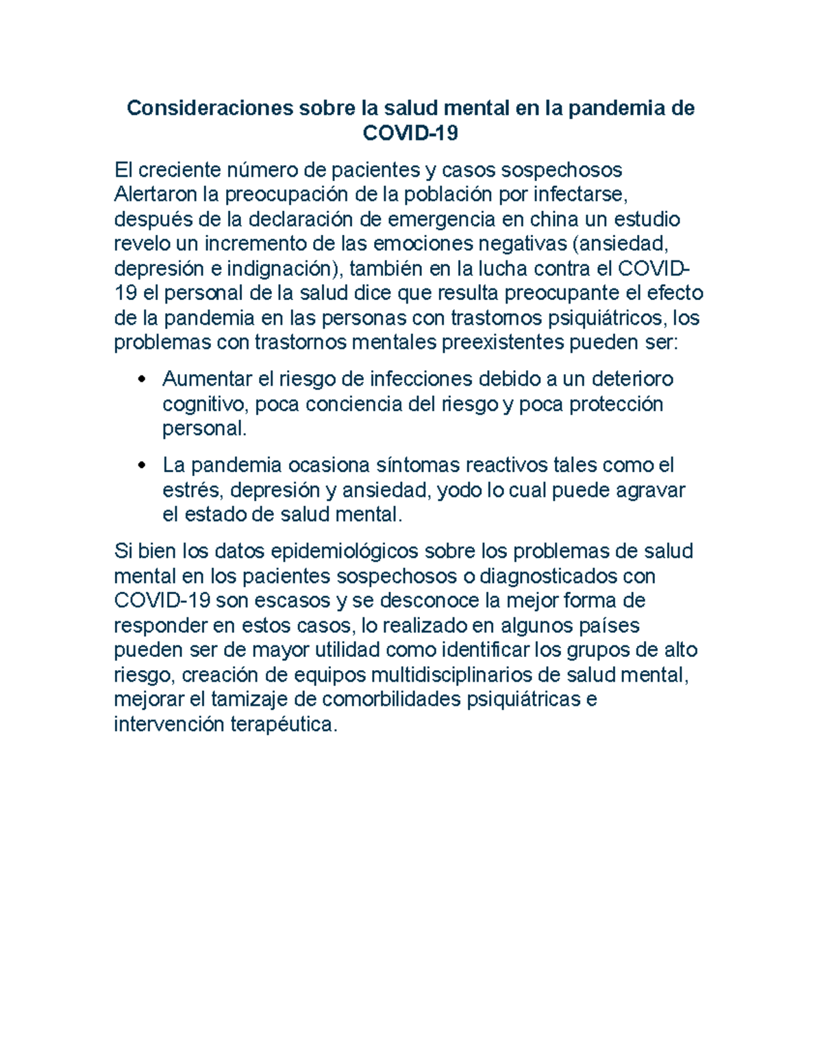 Consideraciones sobre la salud mental en la pandemia de Covid ...