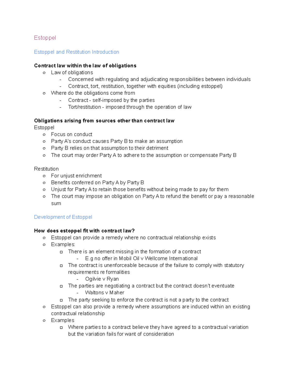 Estoppel + Restitution Estoppel Estoppel and Restitution Introduction Contract law within the
