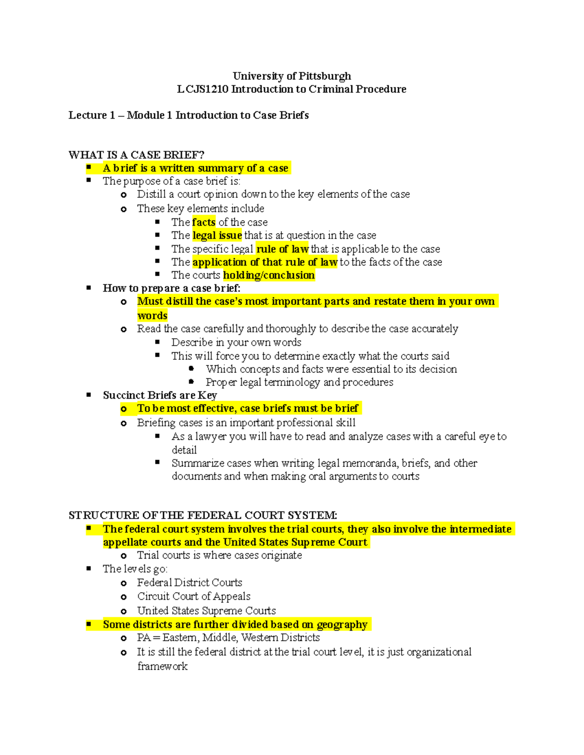 Lecture 1 - Introduction on Case Briefs - University of Pittsburgh ...