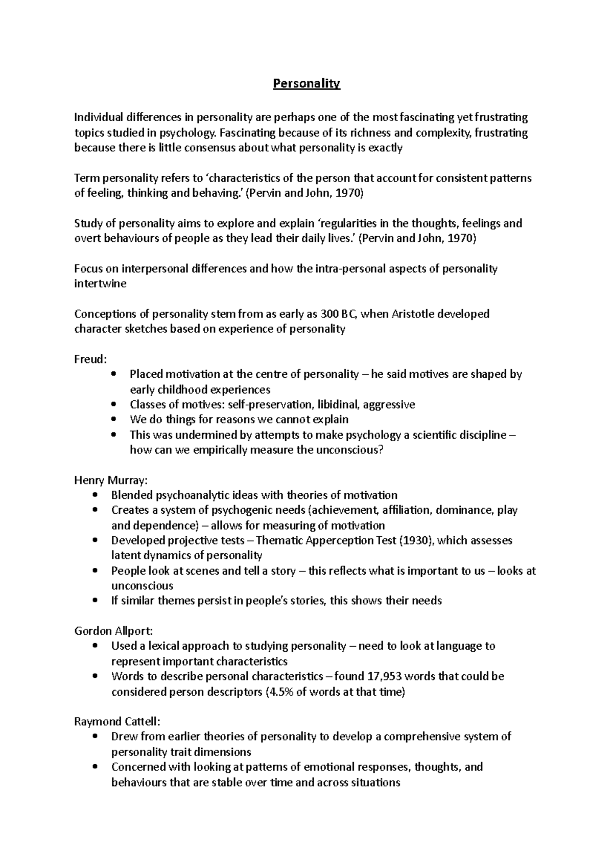 Personality exam notes - Personality Individual differences in ...