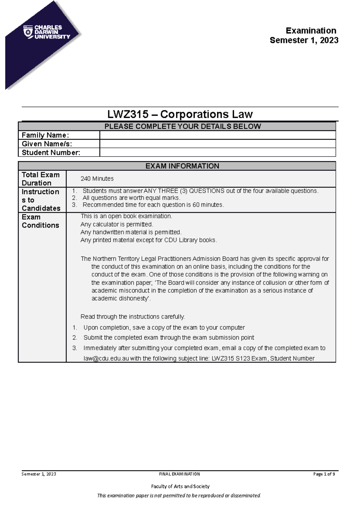 LWZ315 S123 Exam - Corporations Law - Examination Semester 1, 2023 ...