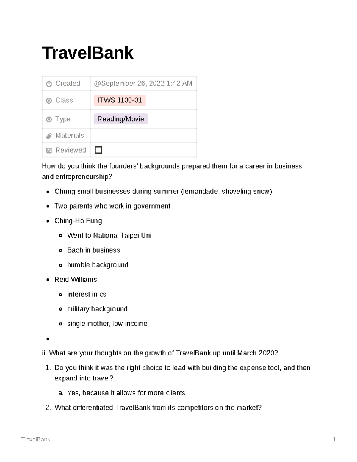 Travel Bank TravelBank 1 TravelBank Created Class ITWS 1100 Type