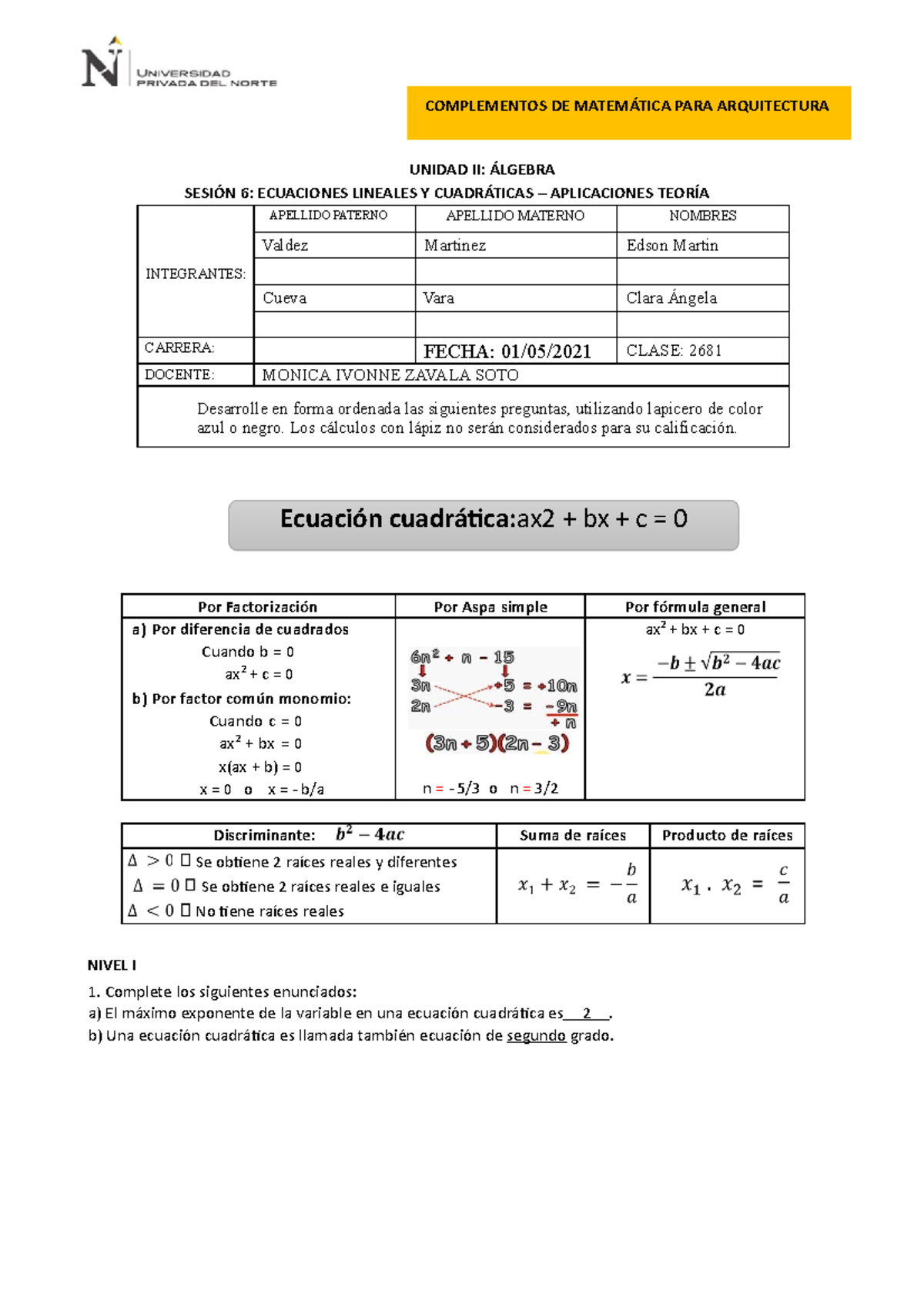 Hoja De Taller De Teor A Semana Resuelto Ecuaci N Cuadr Tica