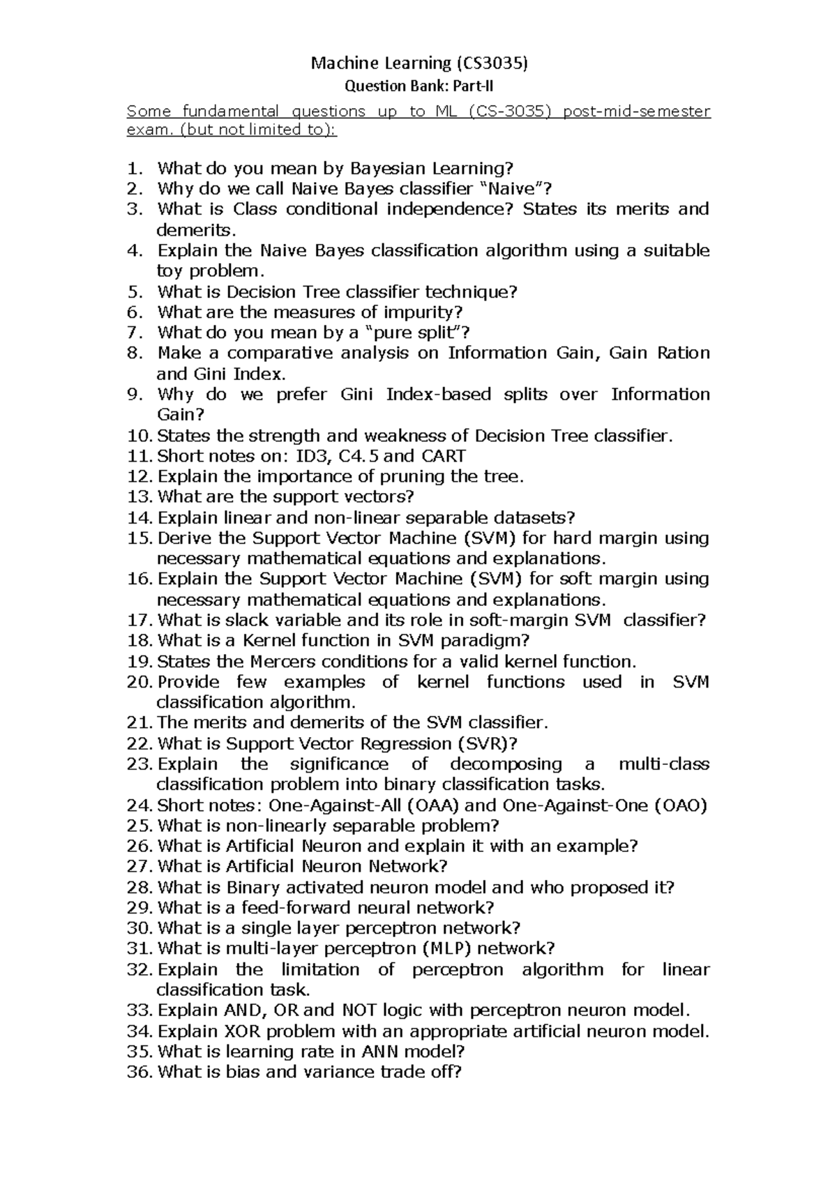 Pr2 - Machine Learning (CS3035) Question Bank: Part-II Some fundamental ...
