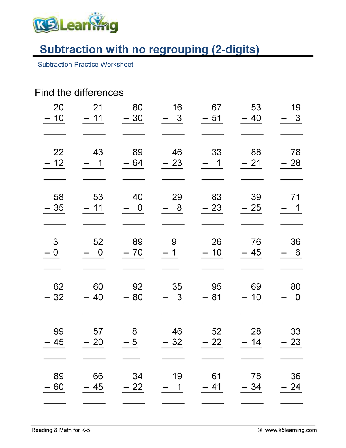 Subtract No Regroup 2digits A - Subtraction With No Regrouping 