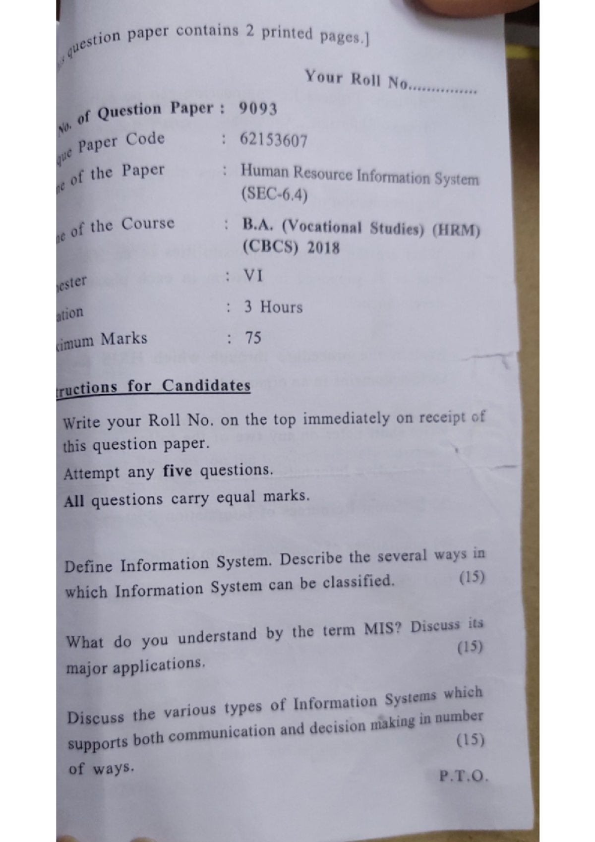 HRIS prev papers - its a previous year paper of Human resource ...
