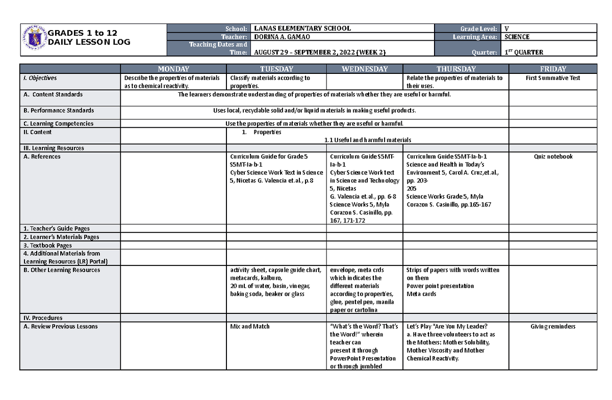 DLL Science 5 Q1 W2 - This is one of my assigments in my Masteral Class ...