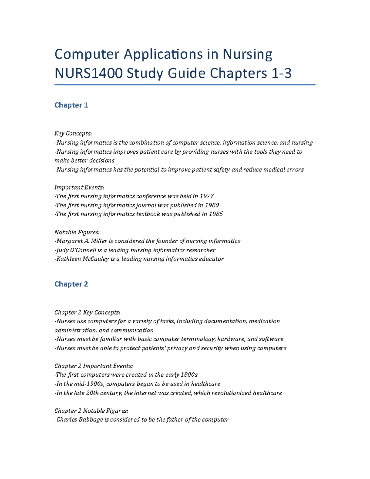 Computer Applications in Nursing NURS1400 Study Guide Chapters 1-3 ...