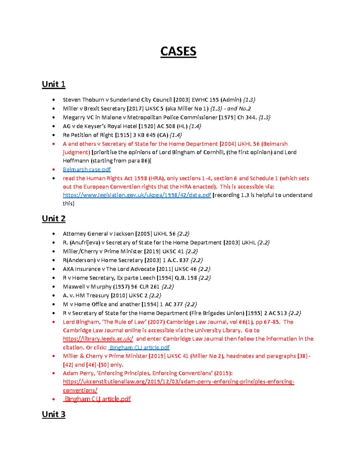 Case+Reading List constitutional law cases and readings CASES Unit
