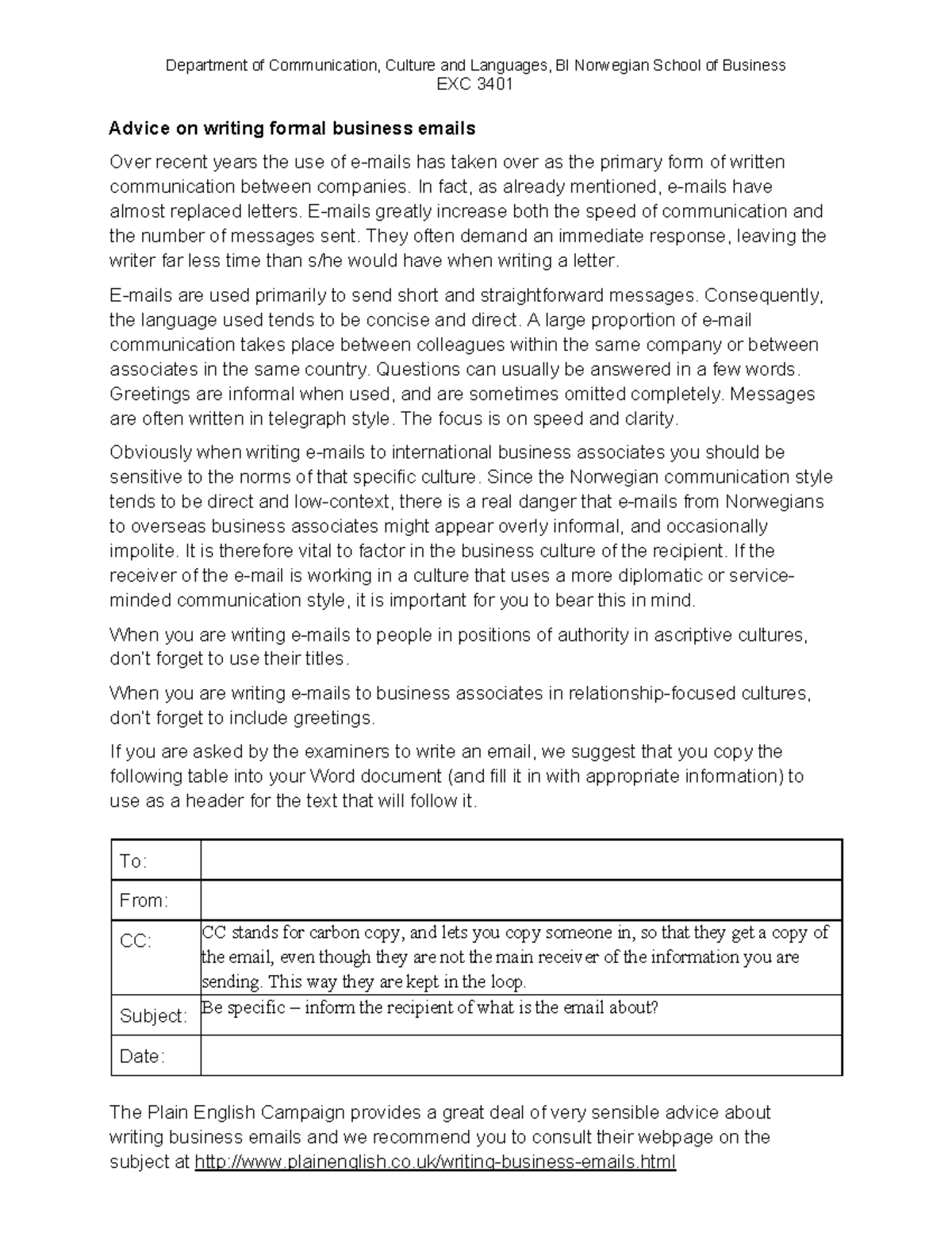Advice on writing emails - Department of Communication, Culture and ...
