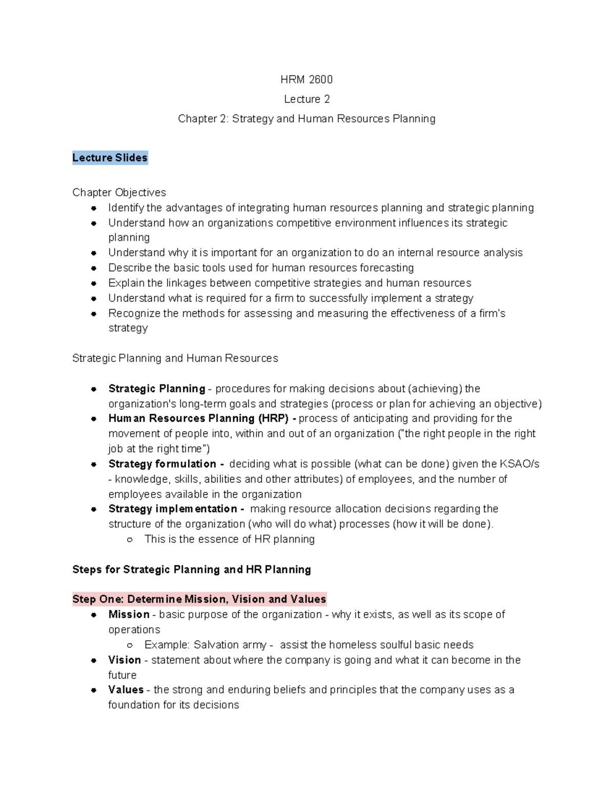 HRM 2600 Lecture 5 - HRM 2600 Lecture 2 Chapter 2: Strategy and Human ...