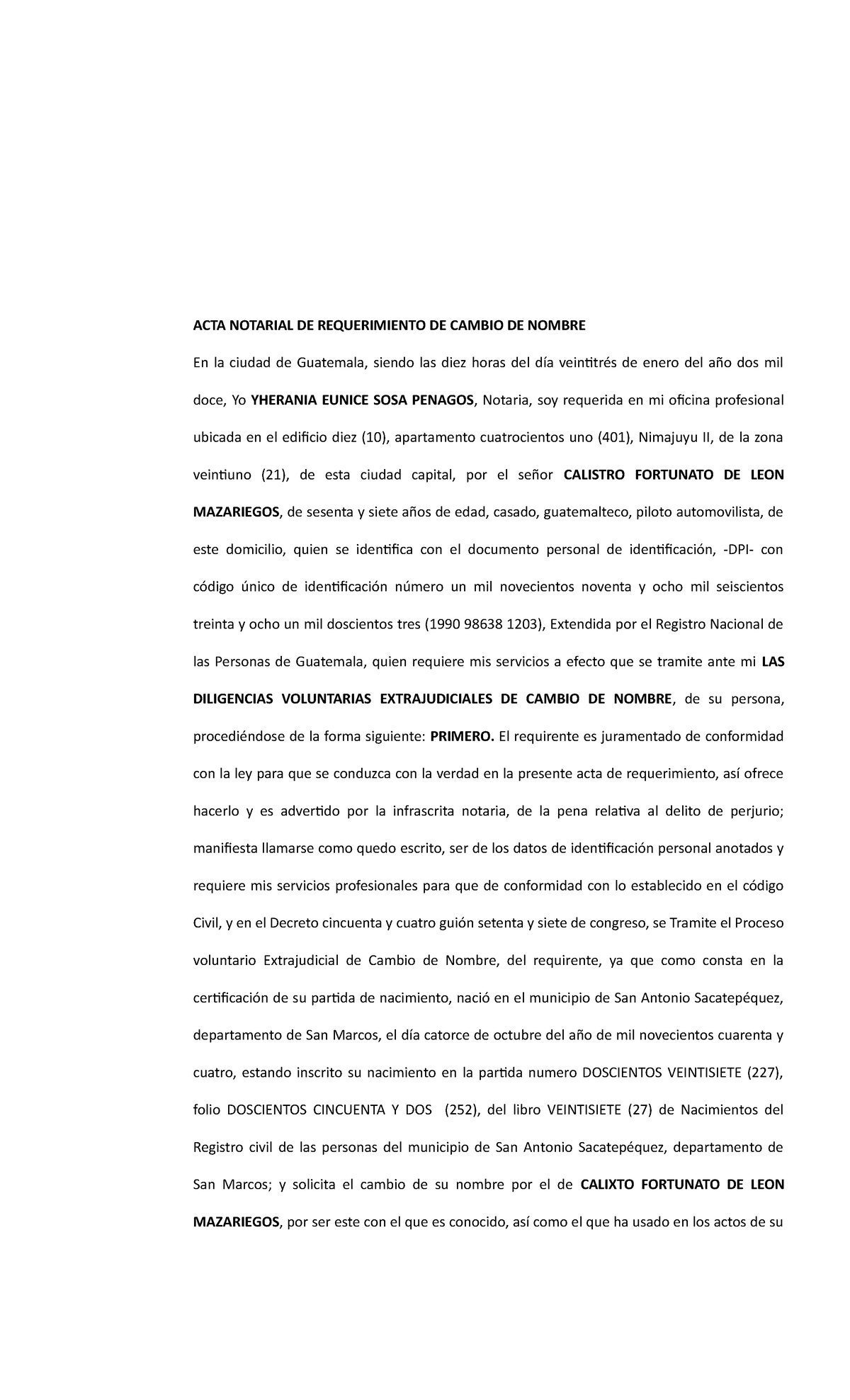 Cambio De Nombre Calixto De Leon Todo Acta Notarial De Requerimiento