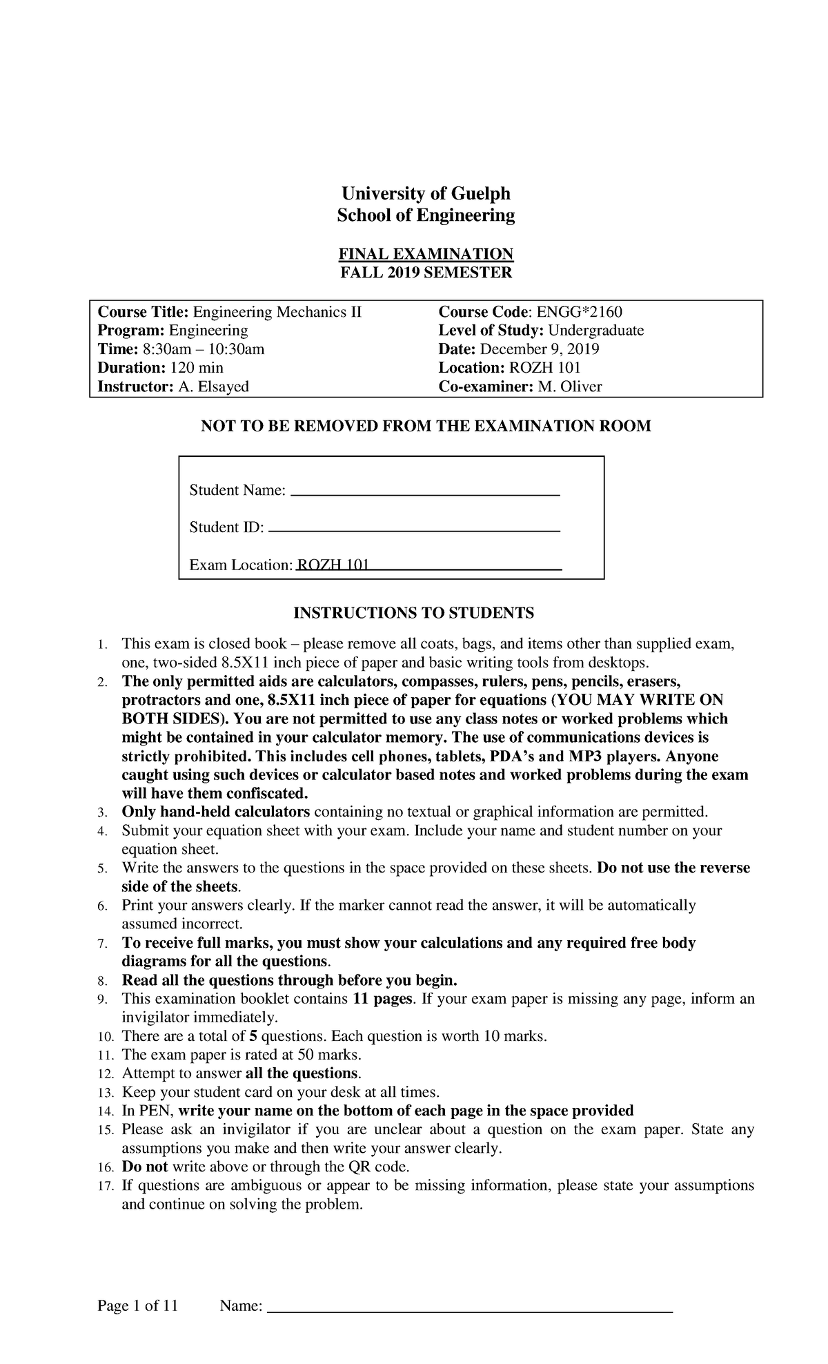 Engg 2160 Final exam 2019 University of Guelph School of Engineering