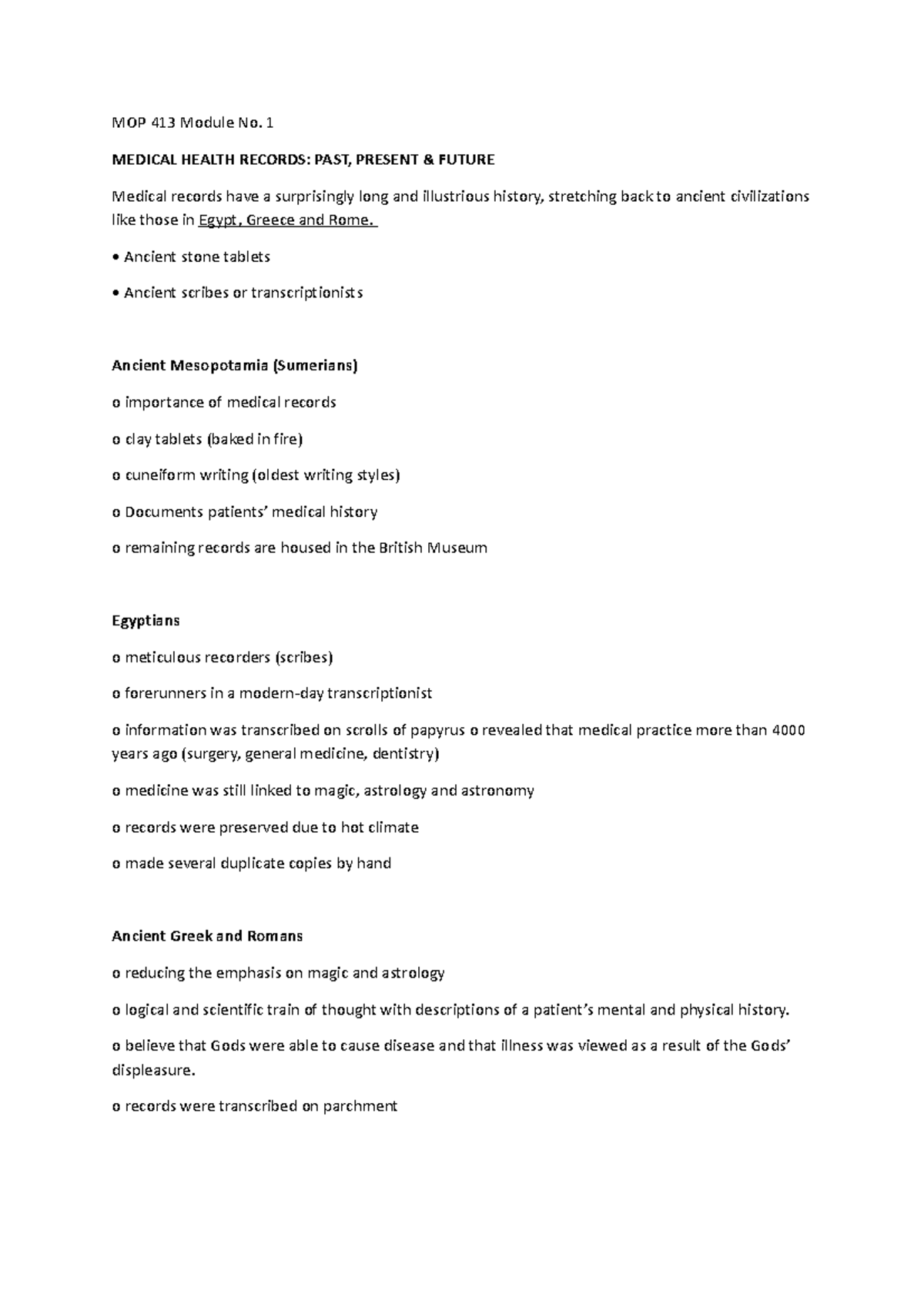 MOP 413 MOP MOP 413 Module No. 1 MEDICAL HEALTH RECORDS PAST