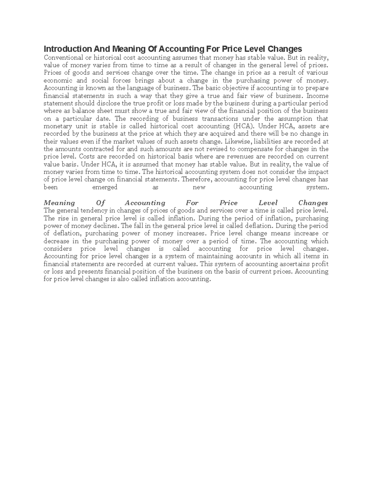 Price Level Accounting Introduction And Meaning Of Accounting For