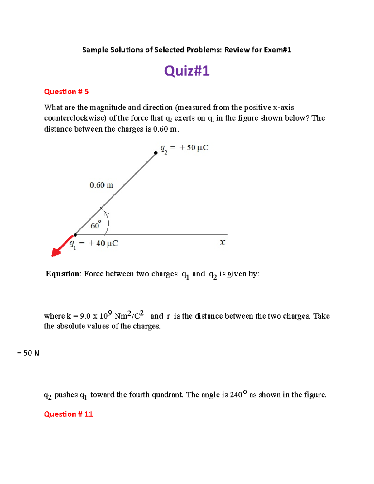 PHYS 116 Review For EXAM#1 - Sample Solutions Of Selected Problems ...