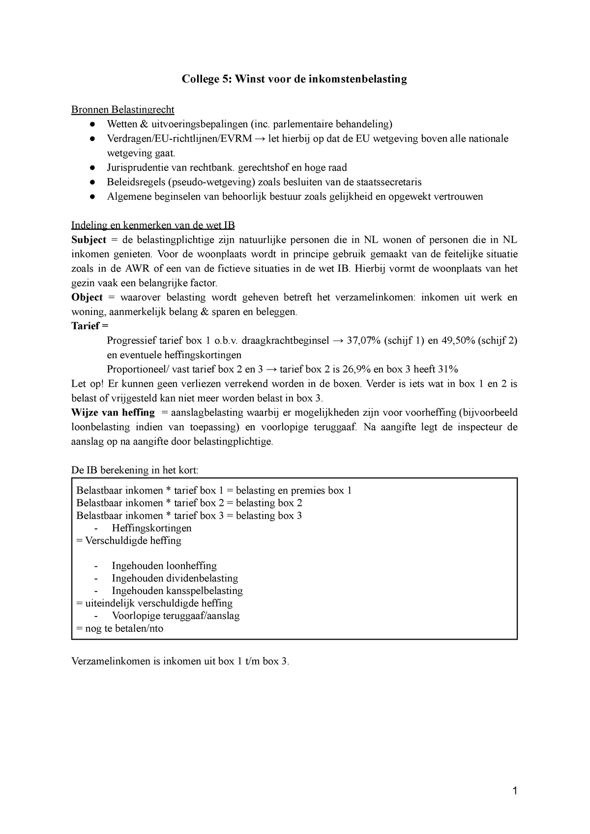 Tax II Summary - Samenvatting - College 5: Winst Voor De ...