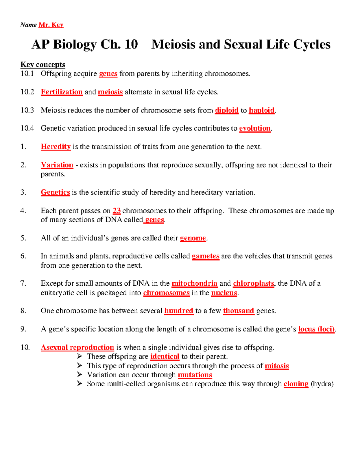 Meiosis Matching Worksheet Answer Key