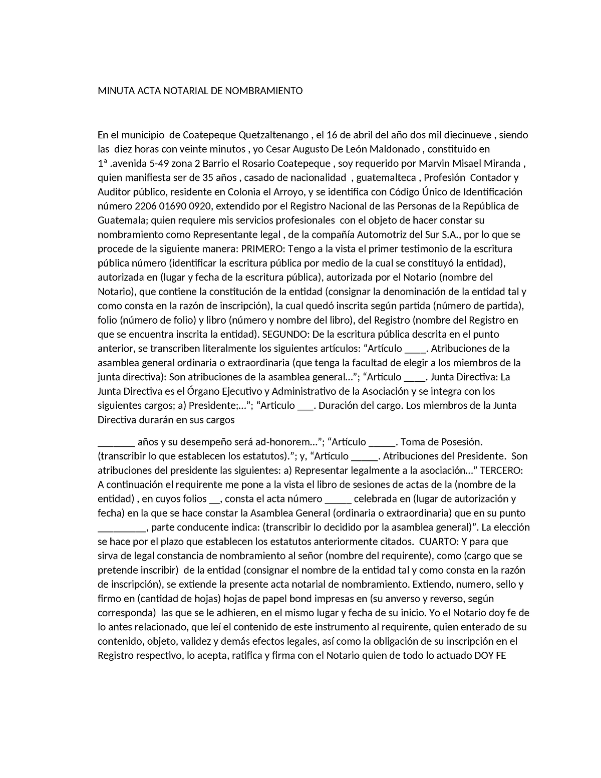 Minuta Acta Notarial De Nombramiento Minuta Acta Notarial De Nombramiento En El Municipio De 5198