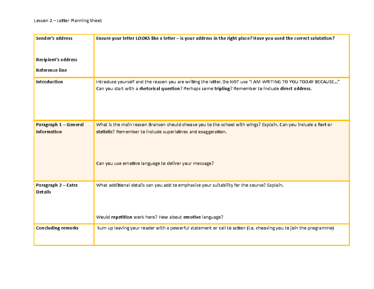 Lesson 2 Letter Planning Template Lesson 2 Letter Planning Sheet