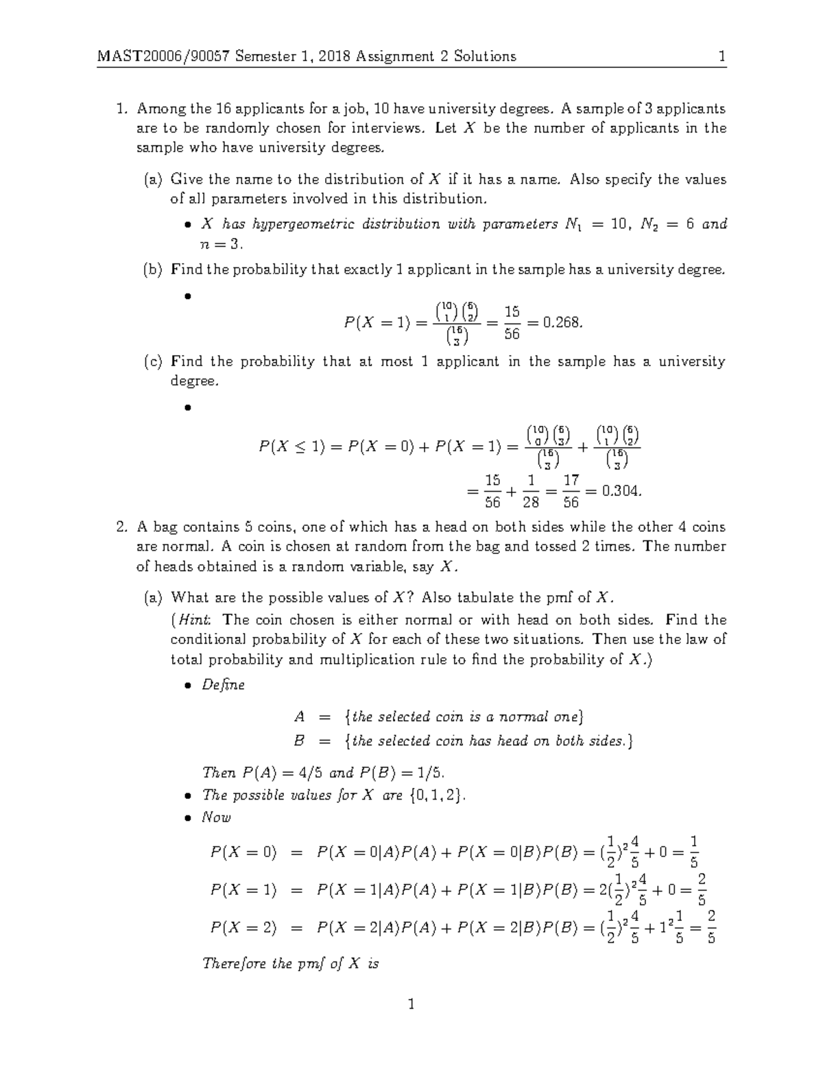 Assignment 2 Solution, Semester 1, 2020 - MAST20006/90057 Semester 1 ...