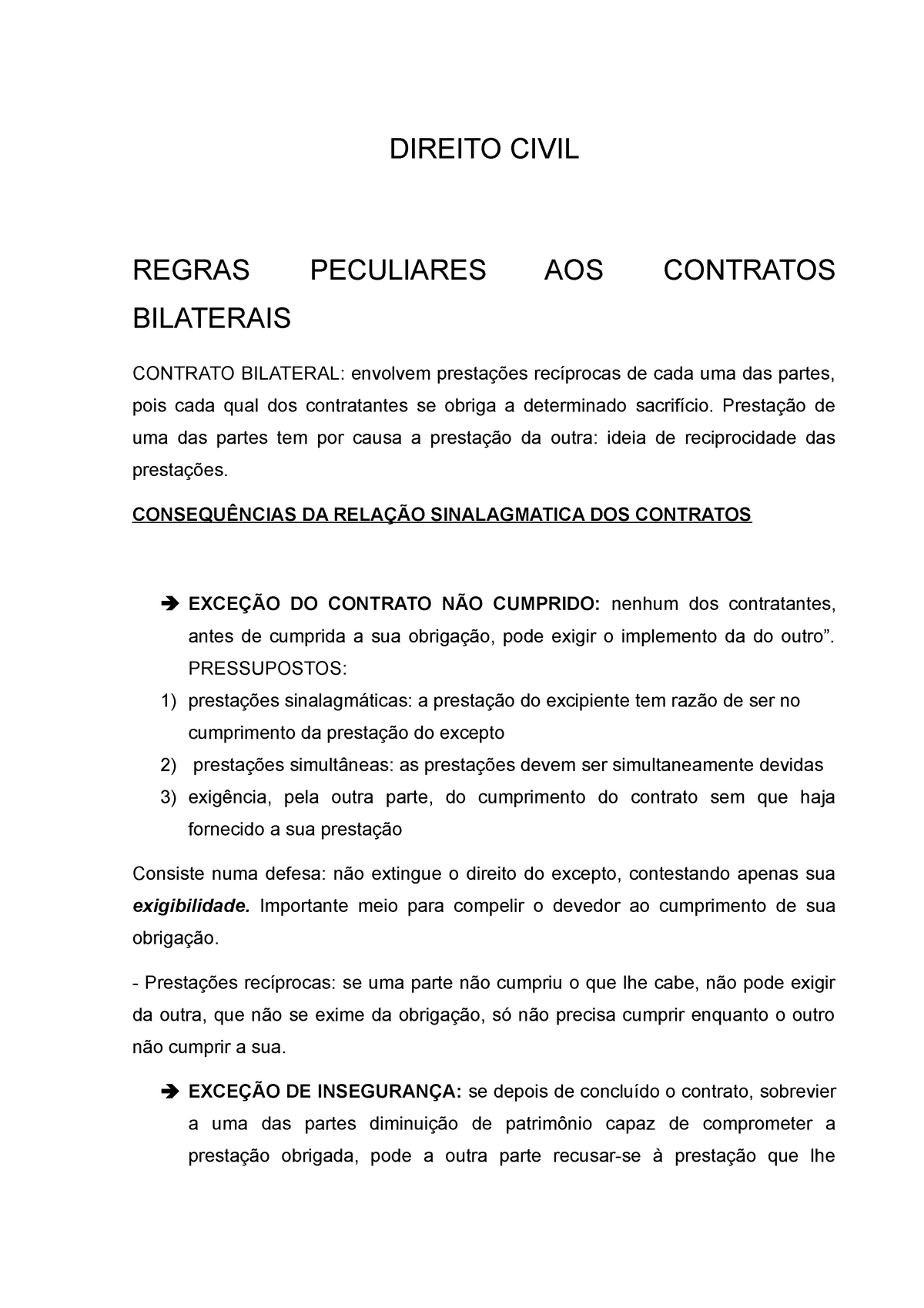 Resumo Civil Direito Civil Regras Peculiares Aos Contratos Bilaterais Contrato Bilateral 6467