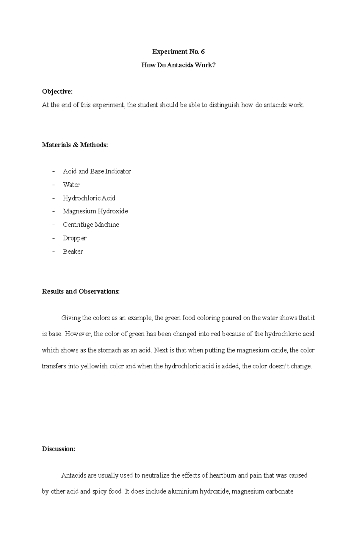 Lab Report How Do Antacids Work Experiment No. 6 How Do Antacids Work