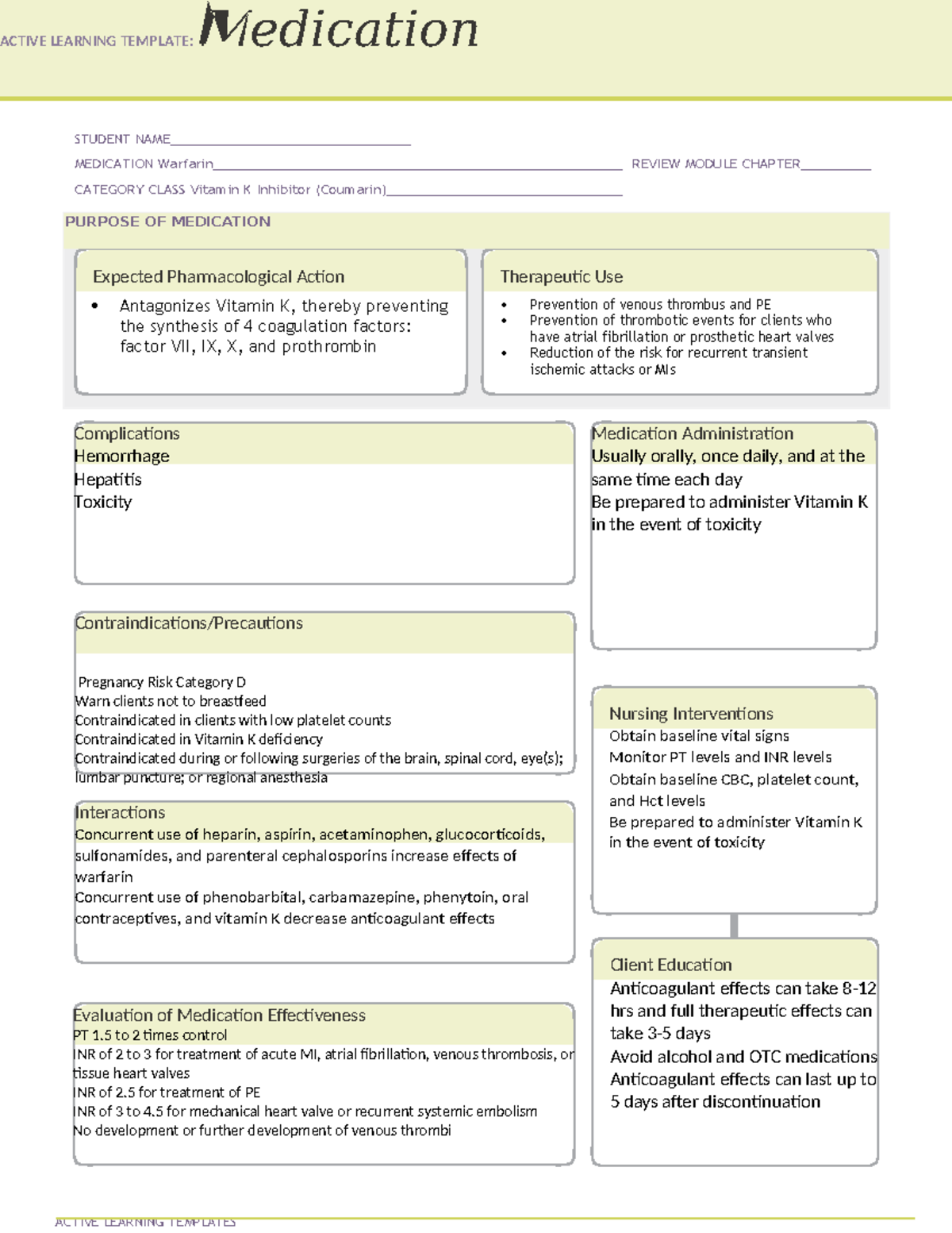 Warfarin - ATI med sheet - Expected Pharmacological Action Therapeutic ...