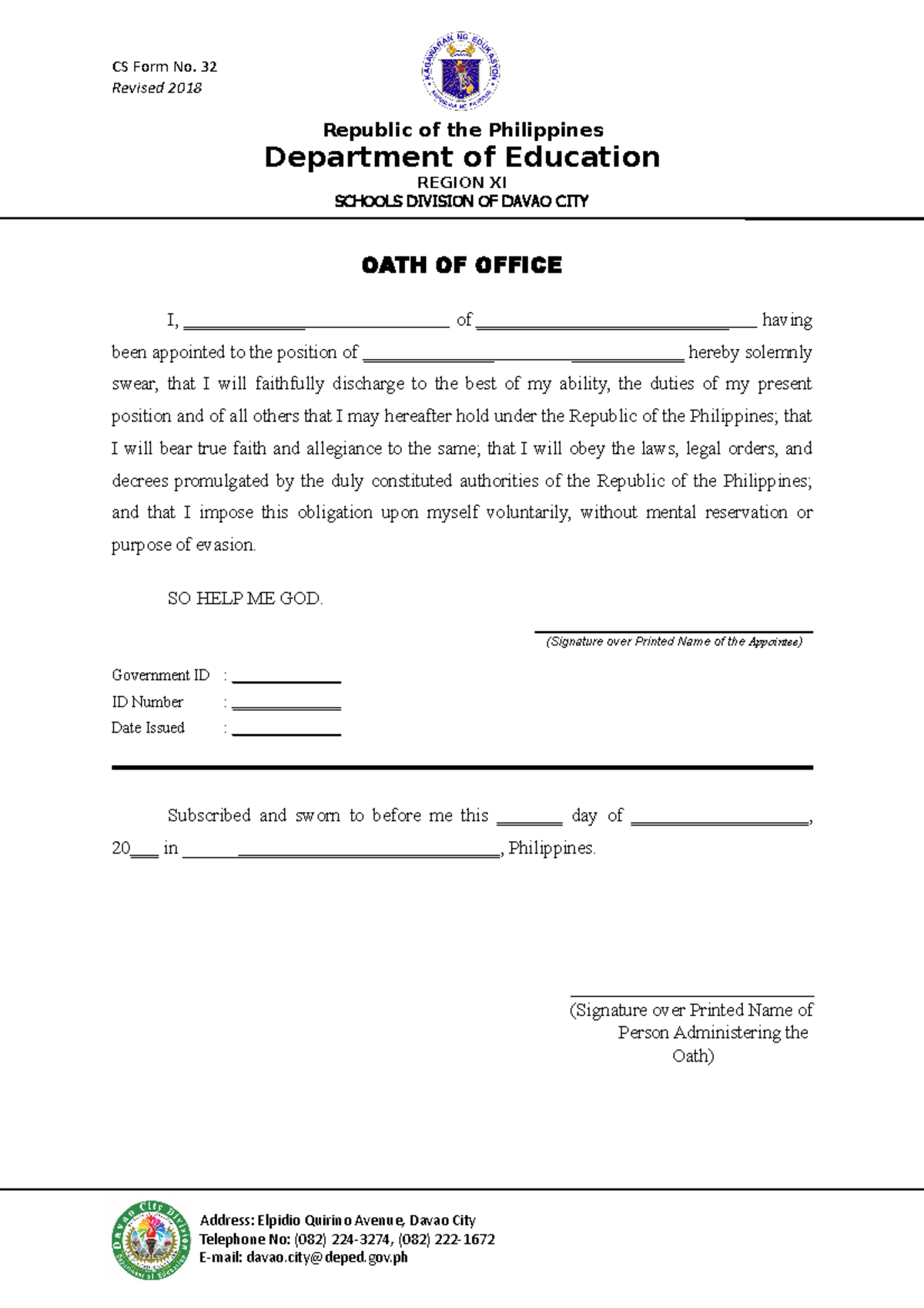 CS Form No. 32 Oath of Office New 6 CS Form No. 32 Revised 2018