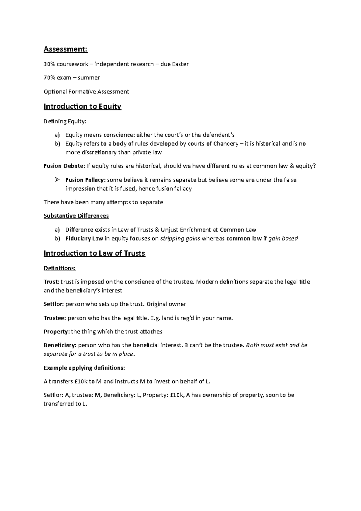 Week 1 - Introduction to Equity and Trusts - Assessment: 30% coursework ...