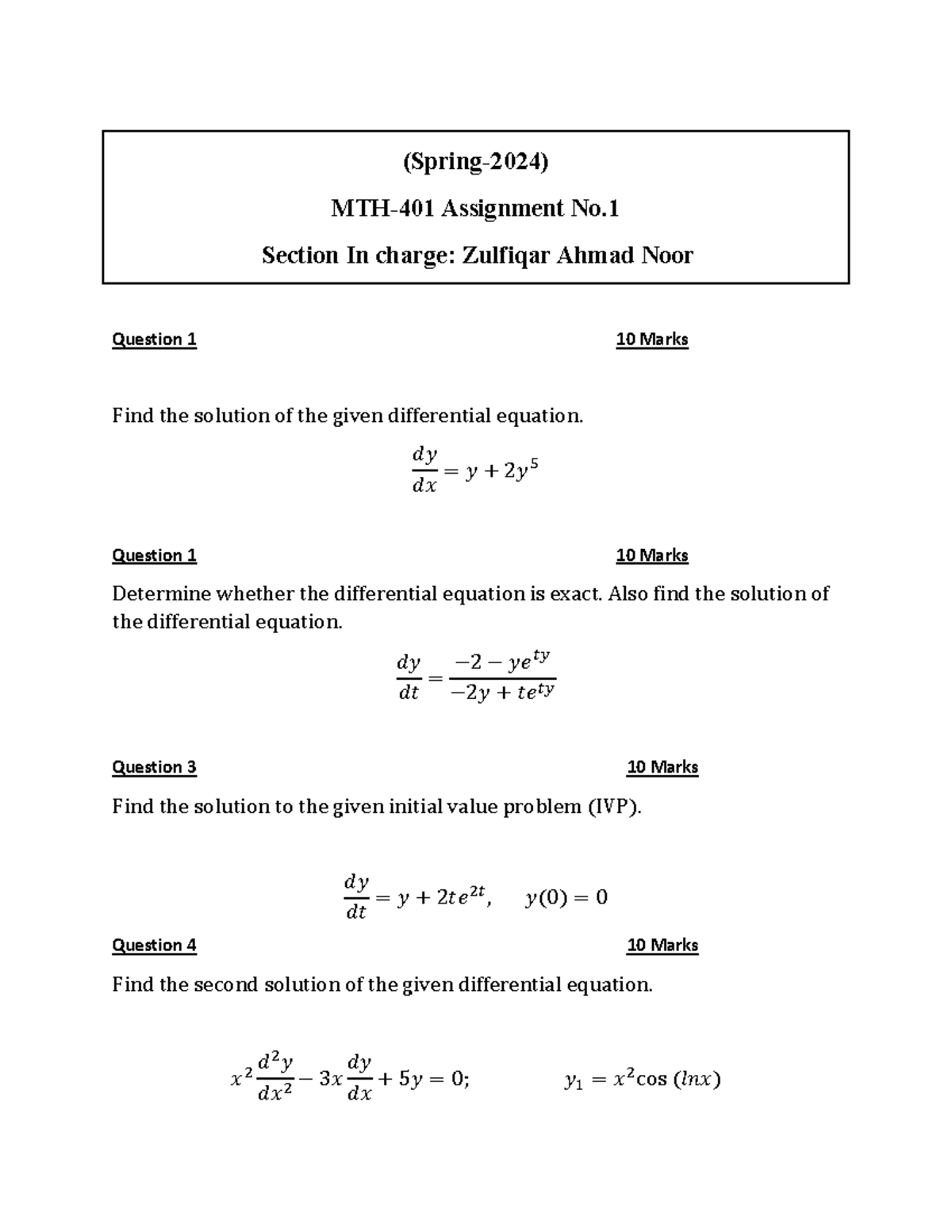 Assignment 1 MTH 401 ZAN - (Spring- 2024 ) MTH- 401 Assignment No ...