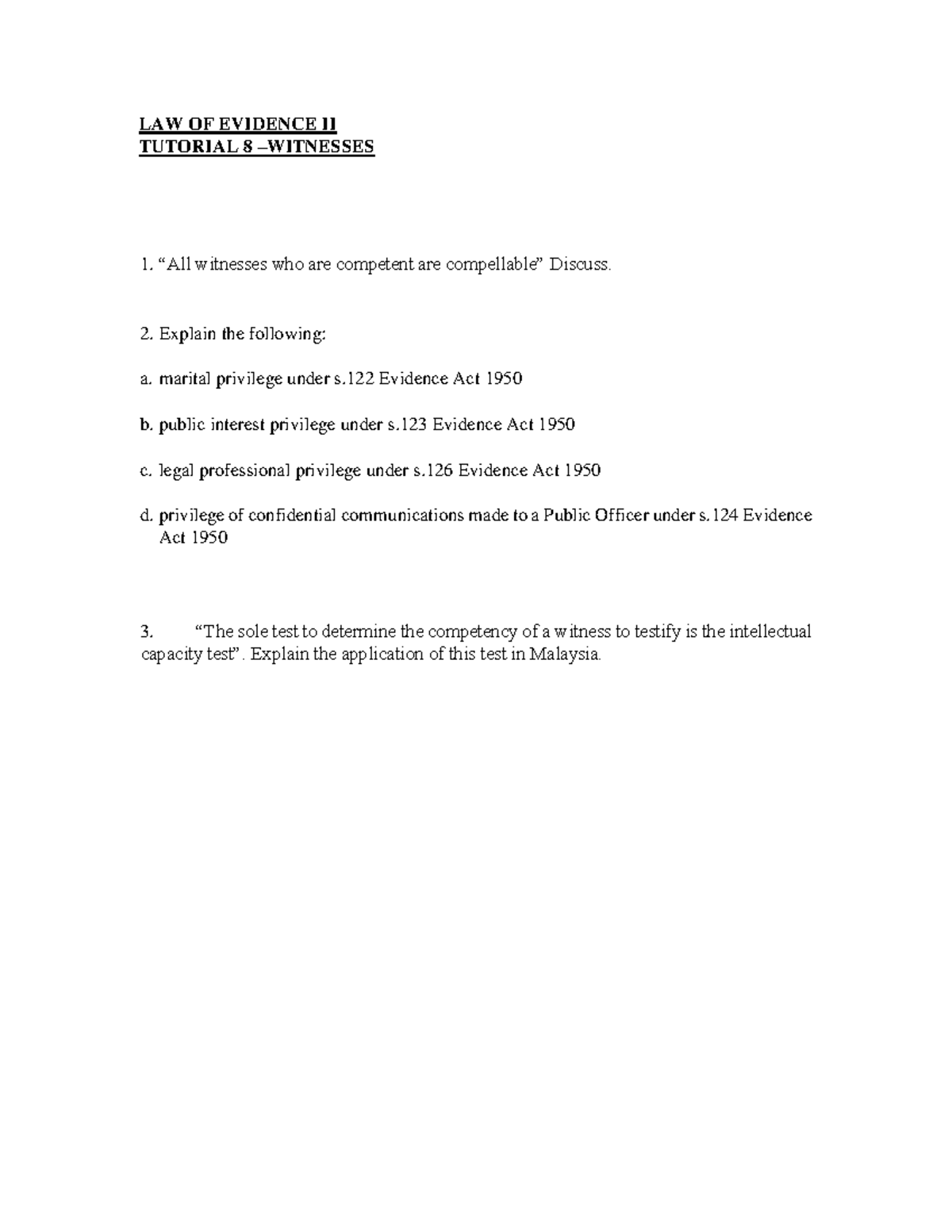notes to ber reddezin - LAW OF EVIDENCE II TUTORIAL 8 –WITNESSES “All ...