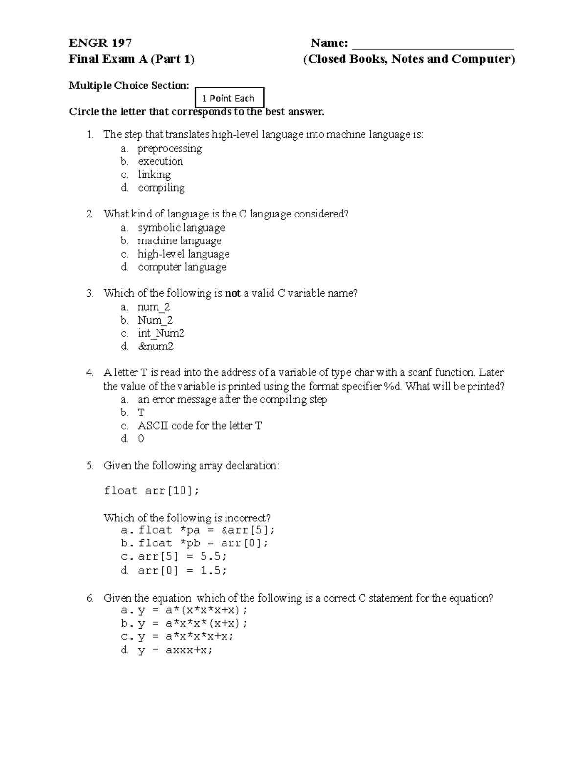 ENGR 197 Final EXAM Example Test - ENGR 197 Name ...