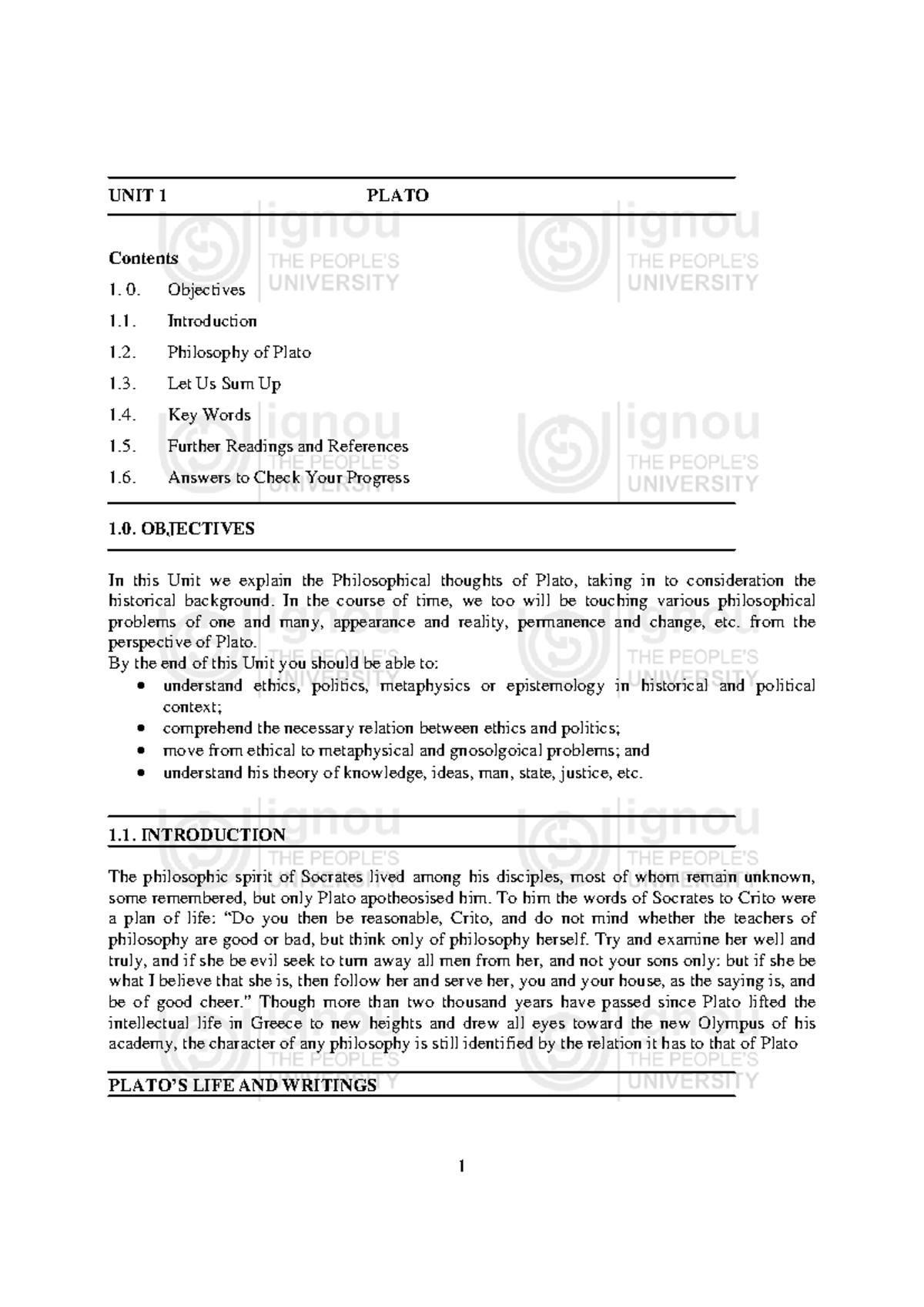 Plato 2 - UNIT 1 PLATO Contents Objectives Introduction Philosophy of ...