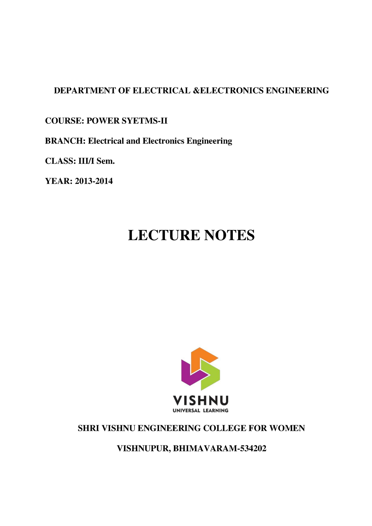 Docs Eeepslnotes 2013 - power system engineering course - Studocu