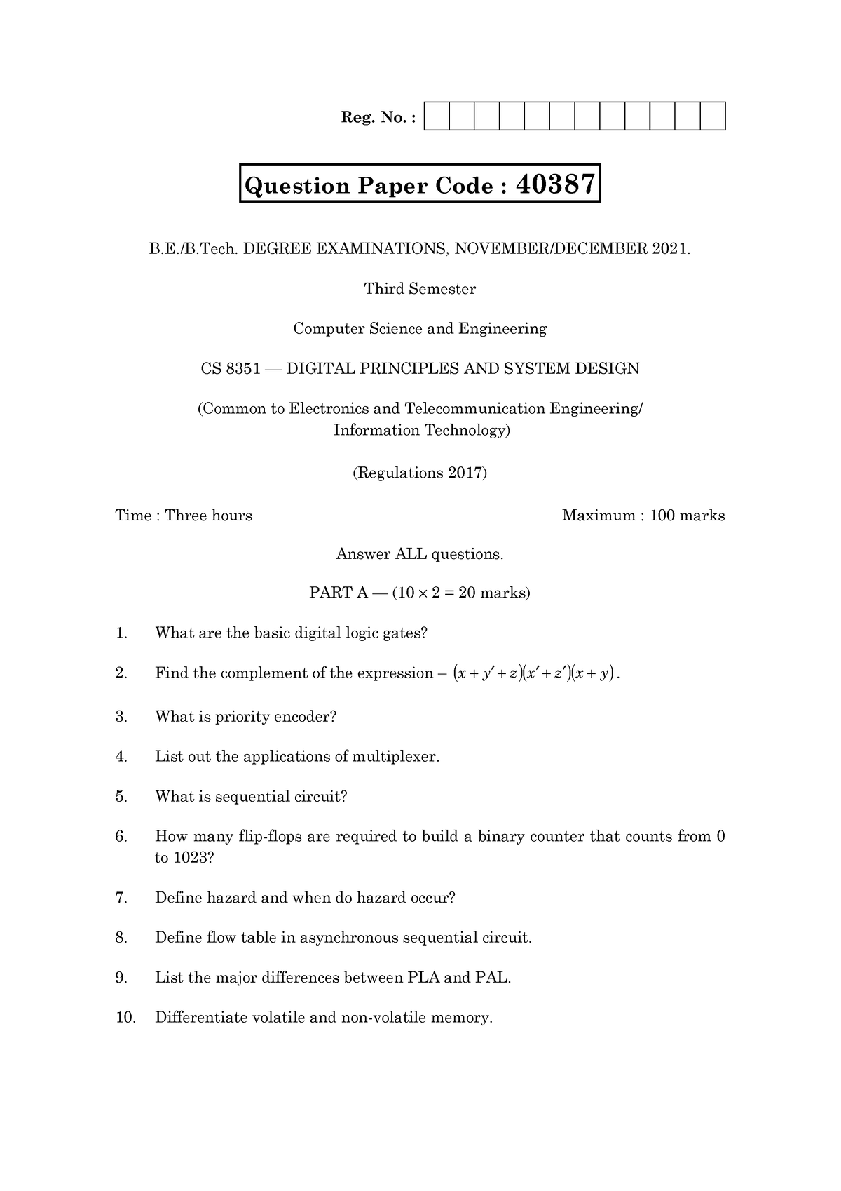 40387 CS8351 University Question Paper Reg No B E B DEGREE EXAMINATIONS Studocu