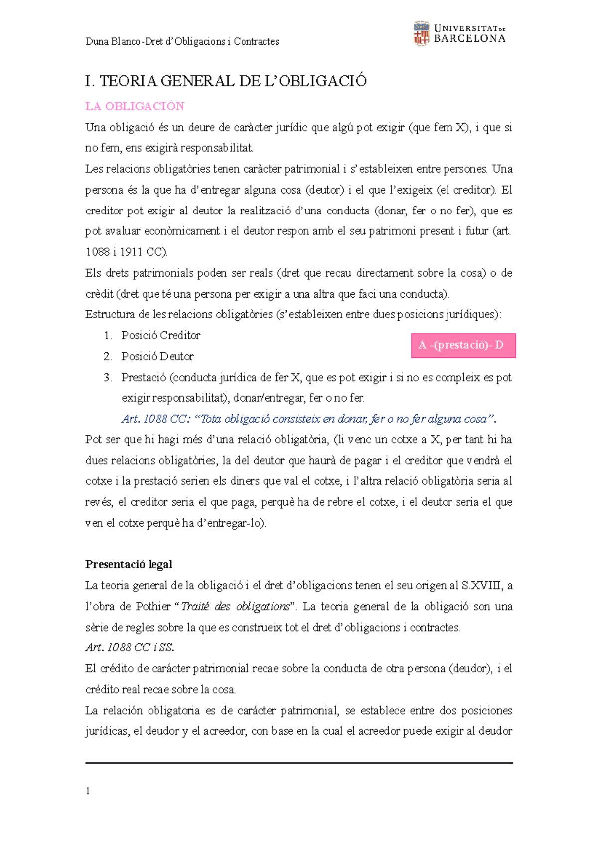 I - BLOQUE 1 OBLIGACIONES Y CONTRATOS - I. TEORIA GENERAL DE L ...