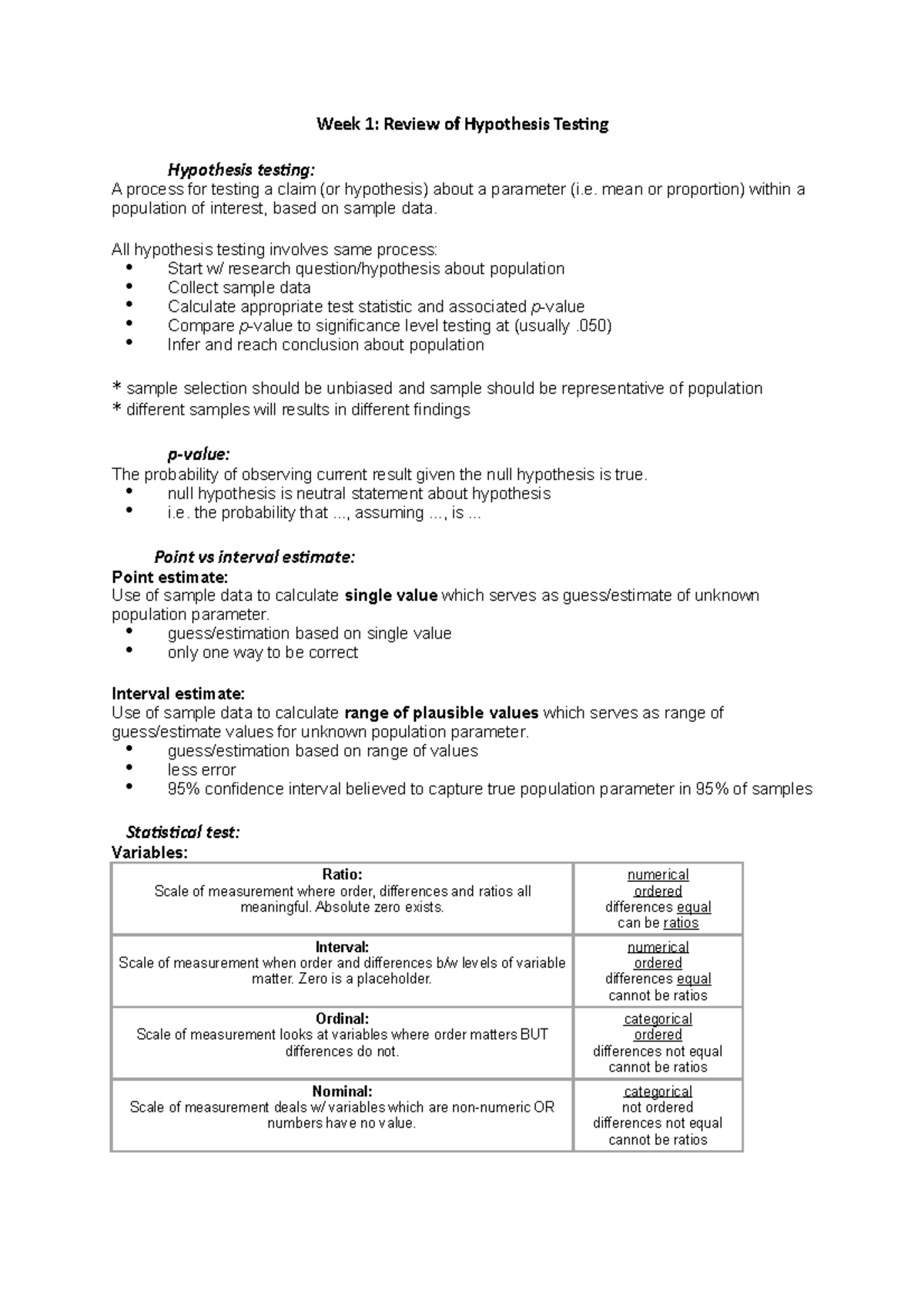 Week 1 - Lecture notes 1 - Week 1: Review of Hypothesis Testing ...