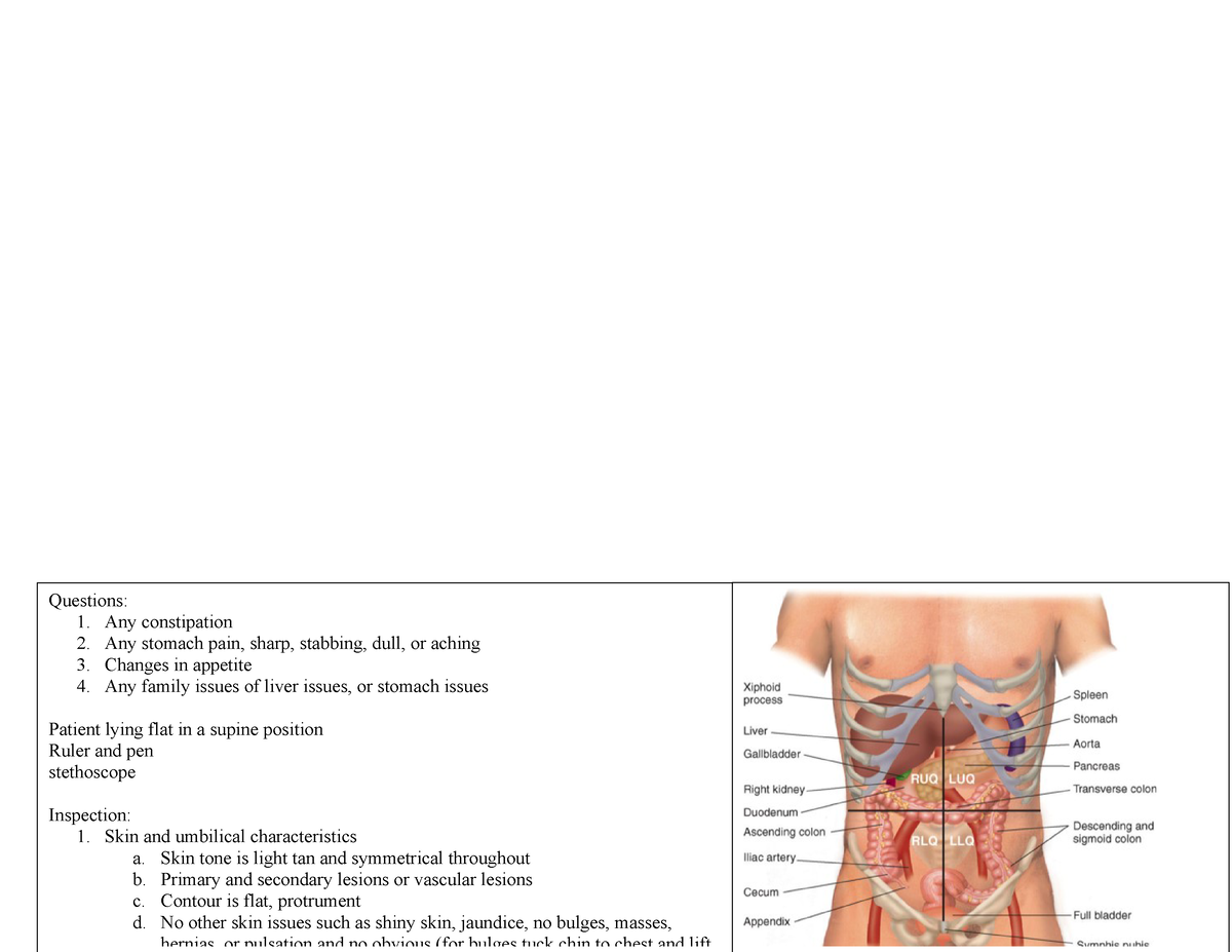 Abdomen script revised - Questions: 1. Any constipation 2. Any stomach ...