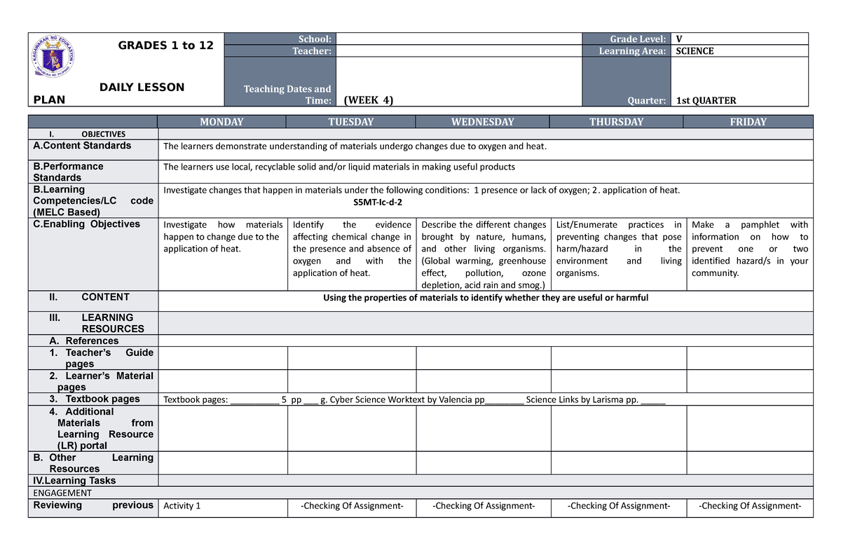 Science 5 DLP Q1 W4 - GRADES 1 to 12 5 DAILY LESSON PLAN School: Grade ...